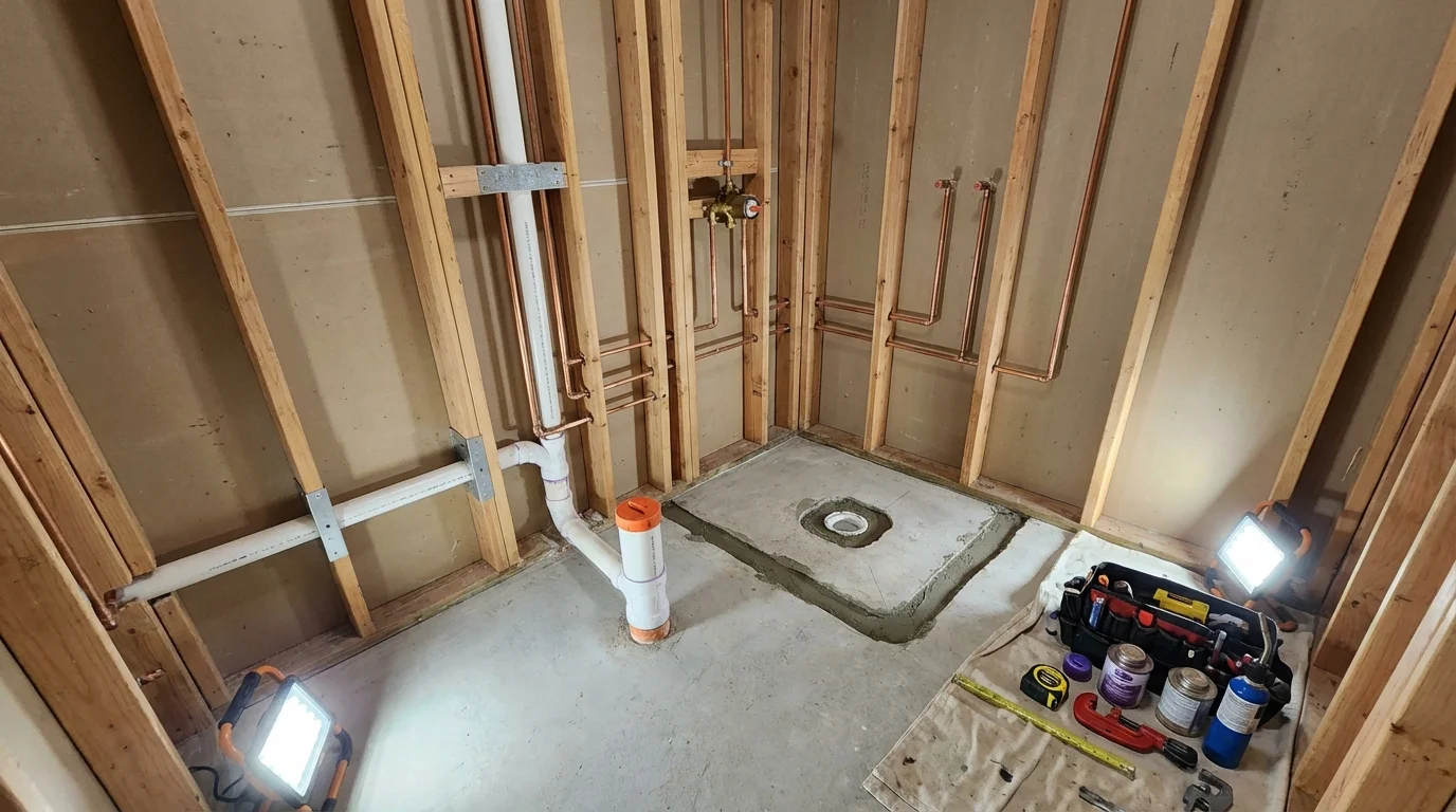 Bathroom rough-in plumbing during remodel by Johns Plumbing LLC in Limestone