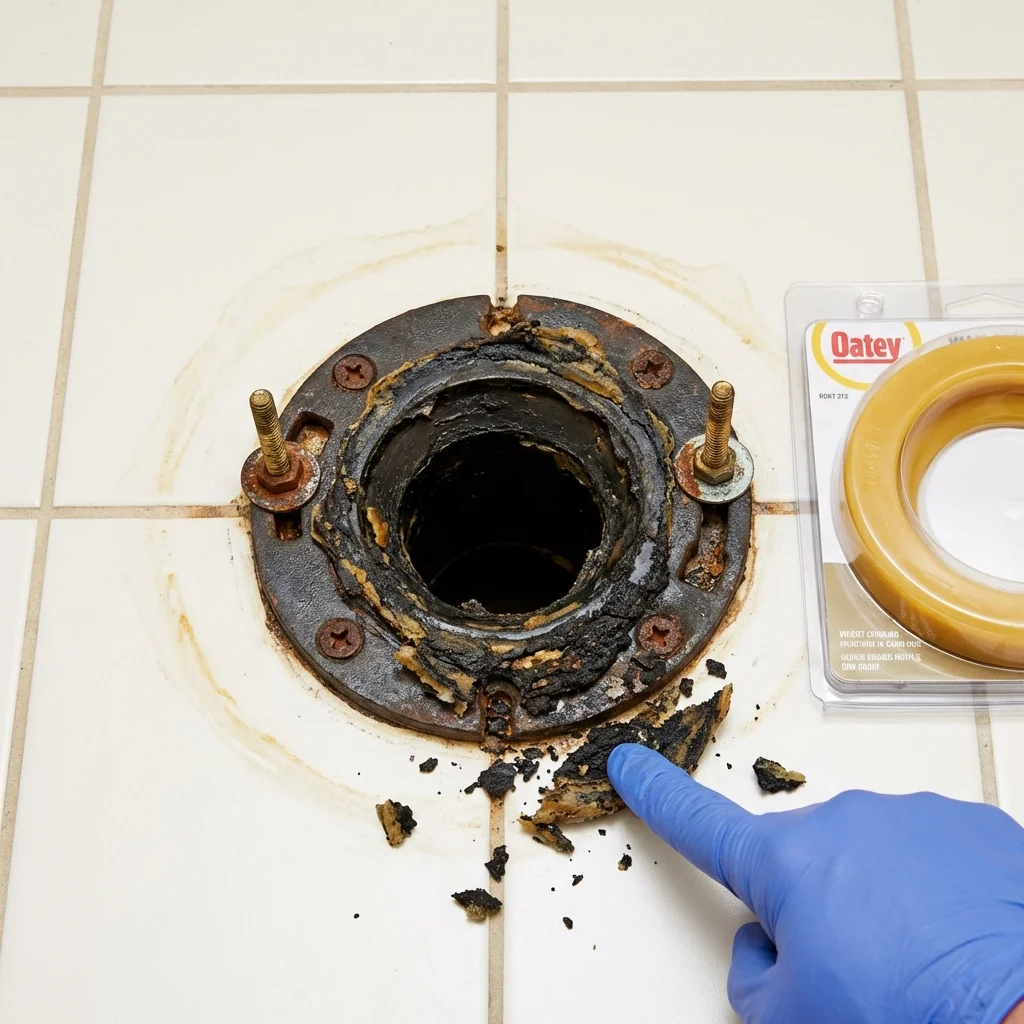 Failed wax ring showing water seepage at the base of a toilet in a Limestone, ME home