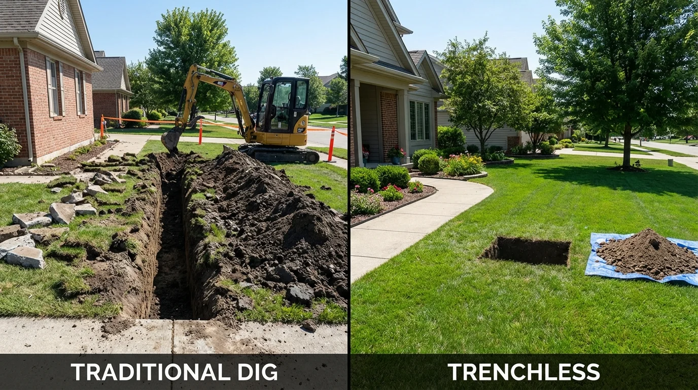 Trenchless sewer repair with minimal yard damage versus traditional excavation in Limestone, ME